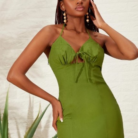🎉 HP 🎉 Linen Olive Green Halter Vacay Backless  Dress- 2 - Picture 4 of 5